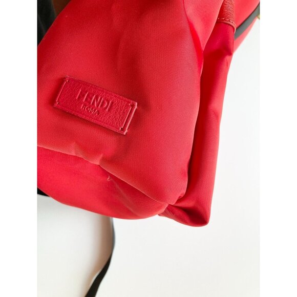 NWD FENDI Red Nylon Satin Black Leather Fox Fur Mohawk Monster Face Backpack - Picture 5 of 11